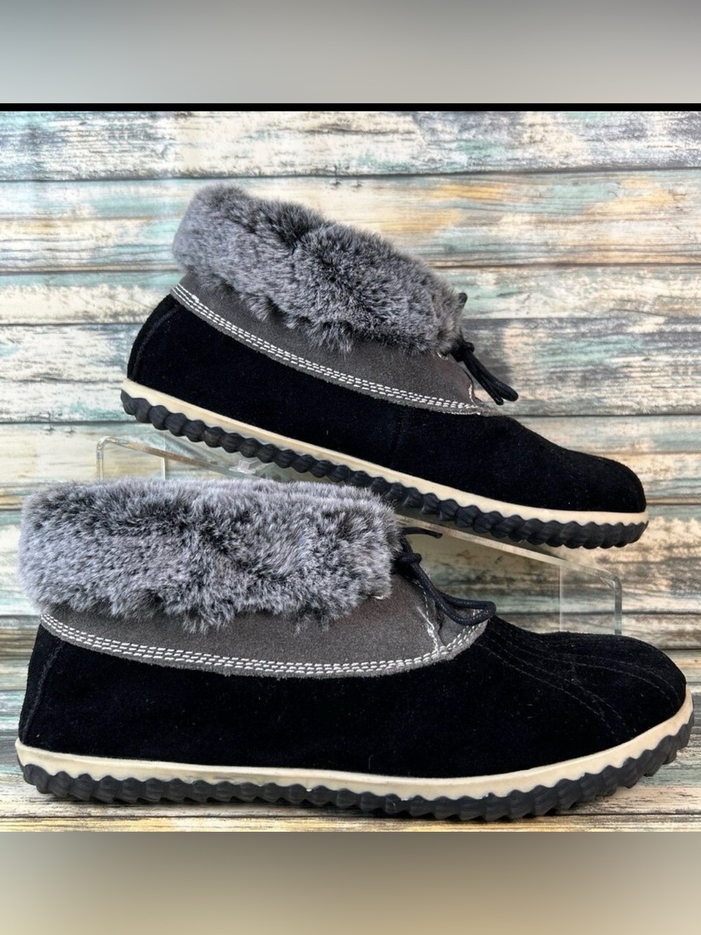 Sperry Moccasin Slipper Womens Size 7 Black Suede Faux Fur Lined Front Tie